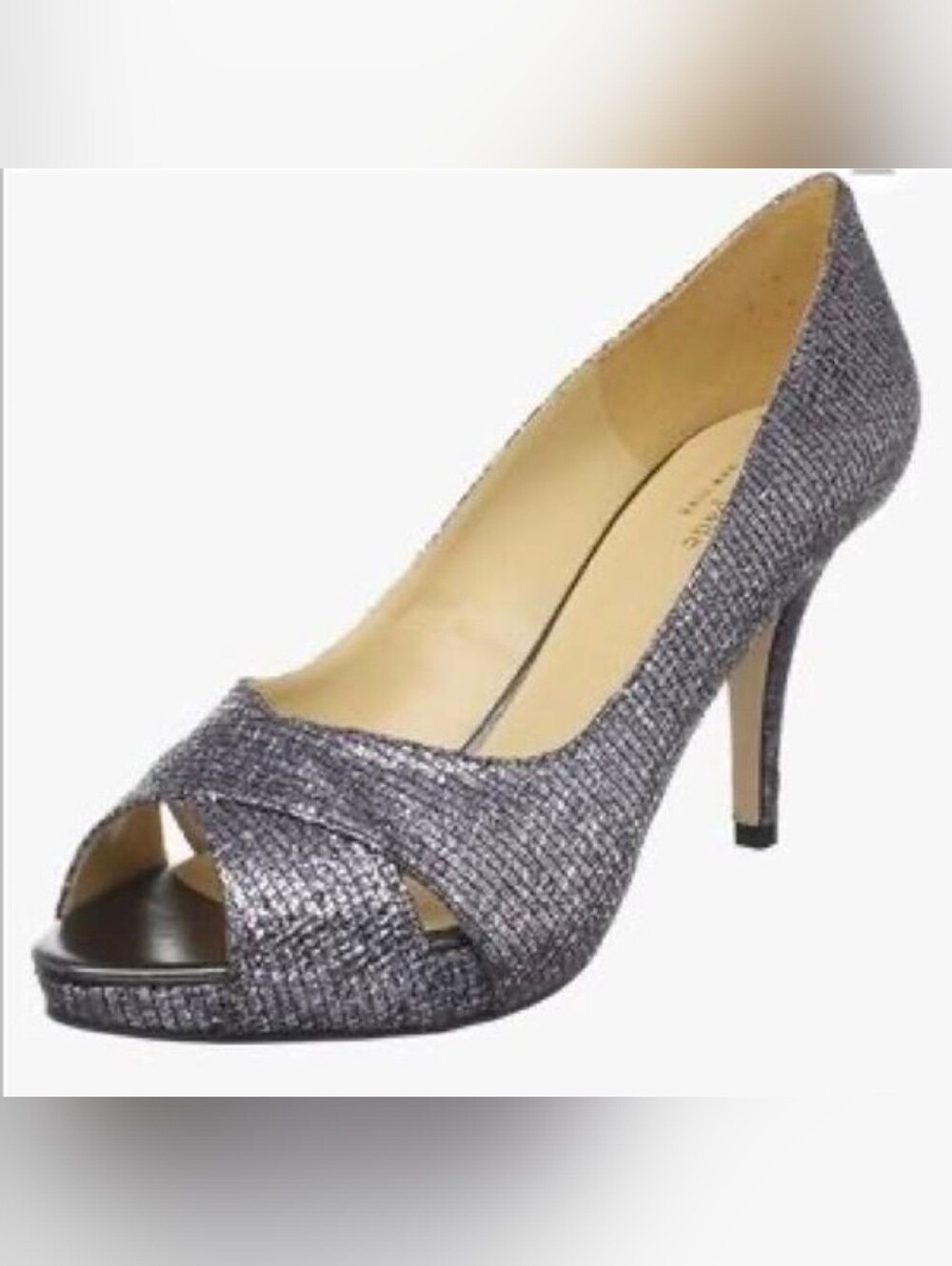 Kate Spade Billie Glitter Peep-Toe High Heels in Metallic Gray Gunmetal Size 10